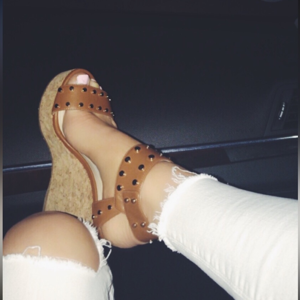 Jimmy Choo Nelly Brown Leather Studded Wedges size 8